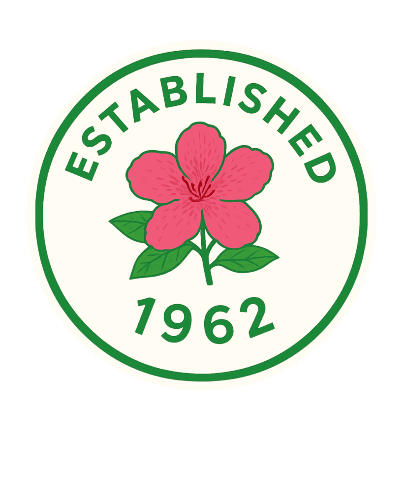Logo with pink azalea, 'Established 1962' text